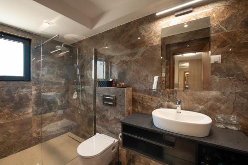 克拉列沃Hotel Kralj的一间带水槽、卫生间和镜子的浴室