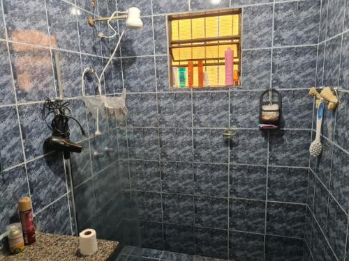 里贝朗普雷托Casa para Temporada Agrishow 2024的浴室设有蓝色瓷砖淋浴。