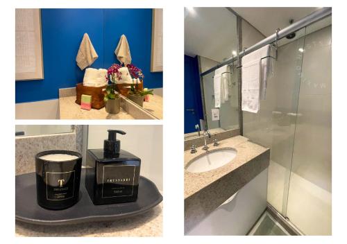 彼得罗波利斯Loft luxuoso na Serra - Granja Brasil Resort的两幅图片,浴室内配有水槽和咖啡壶