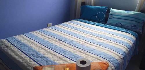 查查波亚斯PAKKARIN - HOTEL的一张带蓝色和白色条纹棉被的床