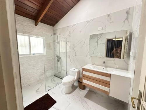 喀巴里特Villa Ramos - Private Beachfront with a View的浴室配有卫生间、盥洗盆和淋浴。