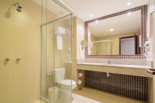 劳鲁-迪弗雷塔斯萨尔瓦多机场城际酒店的一间带卫生间和玻璃淋浴间的浴室