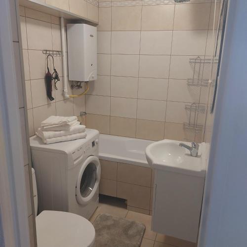 肯琴Apartament Mazurska的一间带洗衣机和水槽的浴室