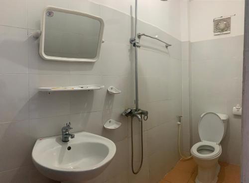 万荣Vang Vieng Lily Guesthouse的一间带水槽、卫生间和镜子的浴室