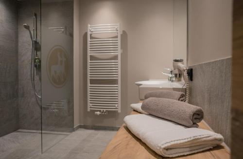 沙特瓦尔德Ruhehotel & Naturresort Rehbach - Adults only的带淋浴、水槽和毛巾的浴室