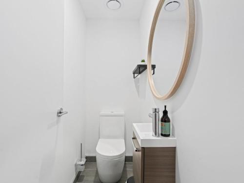 Albert TownBurrows Hutch Wanaka的一间带卫生间和镜子的浴室