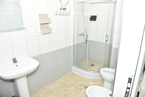 PeshkopiHotel Termal的带淋浴、盥洗盆和卫生间的浴室