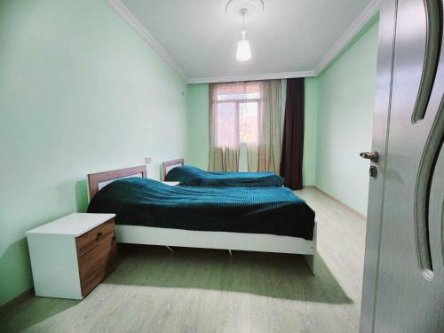 巴统53 jincharadze street的一间卧室配有一张带蓝色床单的床和一扇窗户。