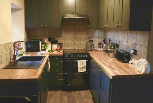 莫法特Holmlea Cottage的厨房配有绿色橱柜和台面