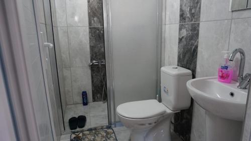 YeşilovaSalda Karanfil Pansiyon的带淋浴、卫生间和盥洗盆的浴室