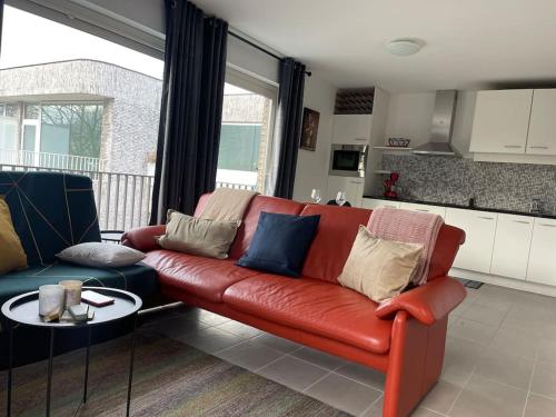 蒂尔特Appartamento ideal的客厅配有红色皮革沙发和桌子