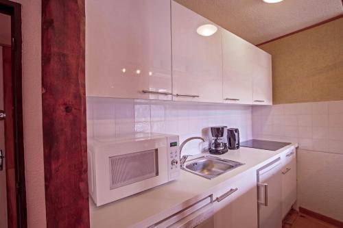 La LlagonneAPPARTEMENT ISARD的白色的厨房配有水槽和微波炉