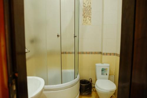 塞米伊SELFIE +的带淋浴、卫生间和盥洗盆的浴室