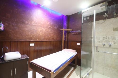 新德里HOTEL GEESON INTERNATIONAL-New Delhi Railway Station-Paharganj的带淋浴的浴室和长凳