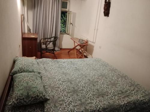 塔什干Apartment Tsentr 5的一间卧室配有一张带绿色棉被的床