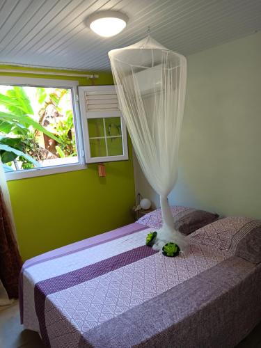 圣安娜Sous le manguier的一间卧室配有床和窗帘