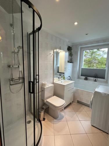 耶莱尼亚古拉Apartament Sweet Home Cieplice SPA的浴室配有卫生间、淋浴和盥洗盆。