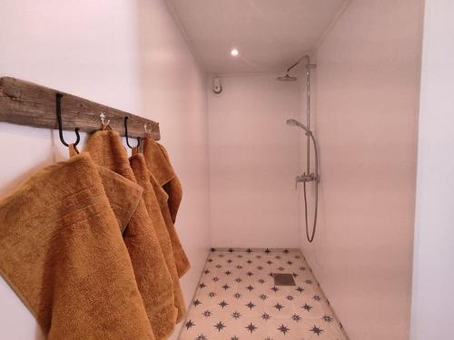 MefjordværNorwegian house Maria Stua的浴室设有挂在架子上的棕色毛巾