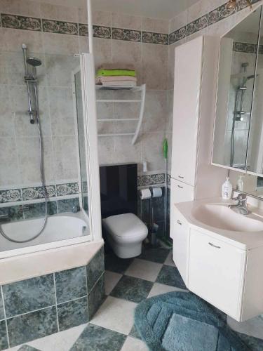 克诺克－海斯特Logies的带淋浴卫生间和盥洗盆的浴室