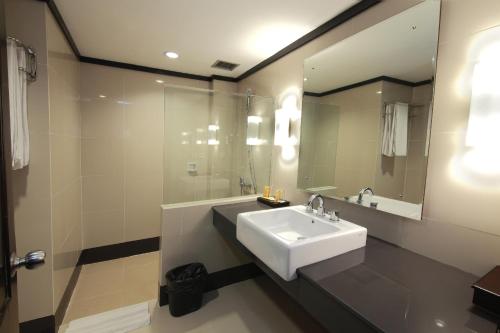 巴东潘格兰海滩酒店的一间带水槽和镜子的浴室