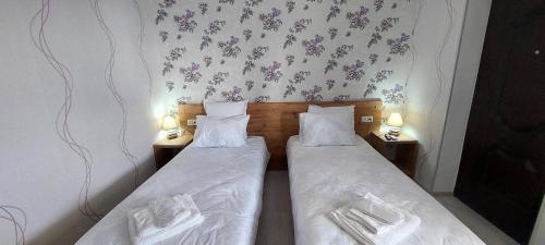 库塔伊西HillTOP Kutaisi的小客房内的两张床,配有花卉壁纸