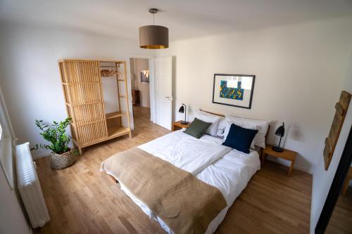 巴塞尔Jungstay Apartments- near Basel的一间卧室配有一张带白色床单和蓝色枕头的大床。