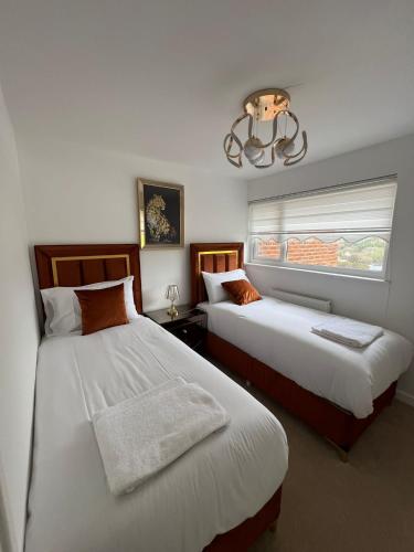 巴恩斯特珀尔Elegant House的一间卧室设有两张床、一个窗户和一个吊灯。