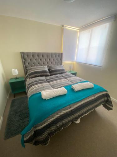 库里科Departamento Full nuevo Curico的卧室内的一张带两个枕头的大床