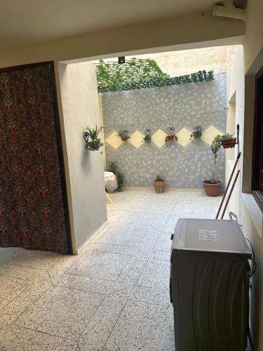 非斯Tranquility In the Center of Fez的通往种植盆栽的庭院的开放式门