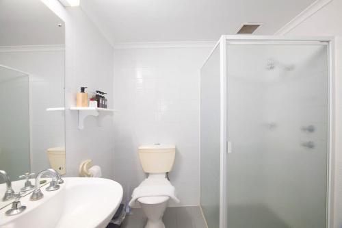 阿德莱德CBD premium location Studio的浴室配有卫生间、盥洗盆和淋浴。