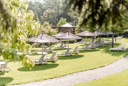 巴特塔茨曼斯多夫Avita Resort Bad Tatzmannsdorf的一群椅子和遮阳伞在草地上