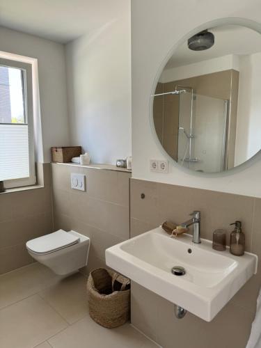 策勒Allerinsel - Appartement am Celler Yachthafen的一间带水槽、卫生间和镜子的浴室