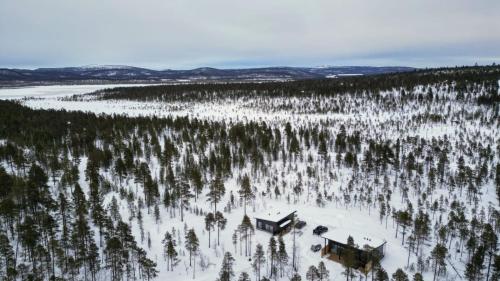 伊纳利Villa Paatari, Inari (Paadarjärvi)的享有雪覆盖的森林树木的空中景致