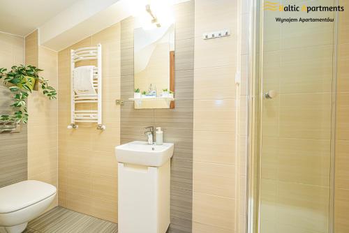 斯维诺乌伊希切Baltic Apartments - Hotelik Przy Promenadzie的浴室配有卫生间、盥洗盆和淋浴。
