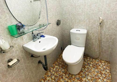 广宁Coto Plus Hotel & Restaurant的一间带卫生间、水槽和镜子的浴室