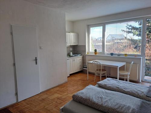 奥洛穆茨apartmán s krbem的一间带桌子的卧室和一间带窗户的厨房