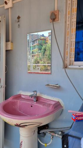 TānsenElephant Top Holiday Nepal, Homestay, Tansen的浴室里的一个粉红色的盥洗盆,墙上挂着一幅画