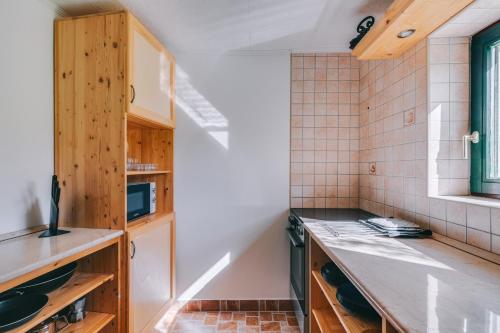 西格利盖特Feher Barany Apartment的厨房配有木制橱柜和台面