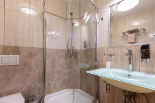 普日博尔扎尔旅馆的一间带玻璃淋浴和水槽的浴室