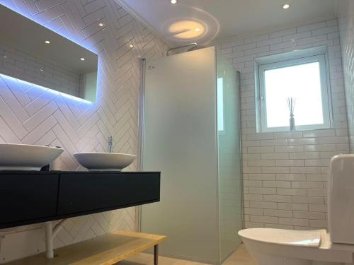 斯德哥尔摩Luxury Villa with Jacuzzi的一间带水槽、淋浴和镜子的浴室