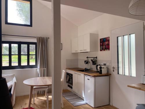 普罗旺斯艾克斯Studio de l'oliveraie的小厨房配有白色橱柜和桌子