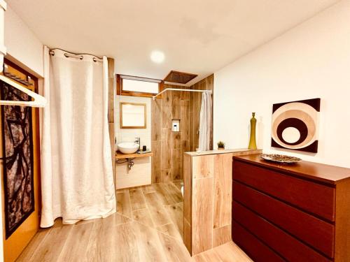 塔雷加Apartamento El Maset的浴室配有淋浴帘和盥洗盆。