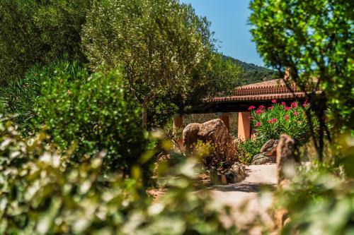 奥尔比亚Casagliana Suite Resort的一座种有粉红色花卉和树木的花园以及一座建筑