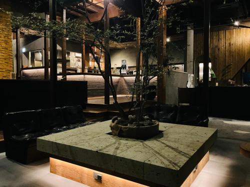 箱根RoheN HakoneYumoto的上面有盆栽树的桌子