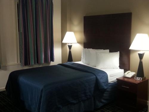 亚特兰大Barclay Hotel Atlanta Downtown的酒店客房设有一张带两盏灯的床和一部电话。