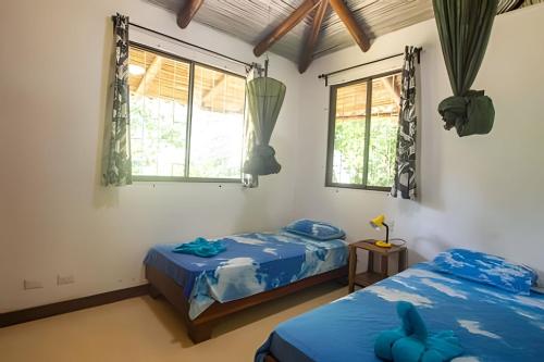 曼萨尼约Jungle Dreamz的带2扇窗户的客房内的2张床
