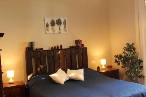 尼科洛西Tenuta SGB - Il profumo del vino Etna Nicolosi的一间卧室配有蓝色的床和两个枕头