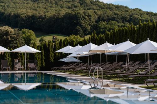 巴特格莱兴贝格Schlössl Hotel Kindl的一个带白色遮阳伞和椅子的游泳池