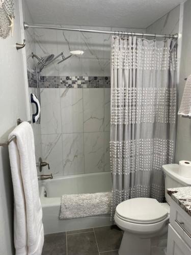 圣乔治Homemade Haven的带淋浴帘和卫生间的浴室