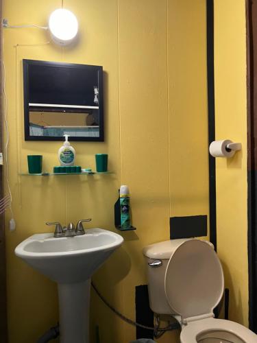 CeibaJunzi的一间带水槽和卫生间的浴室以及一台电视。